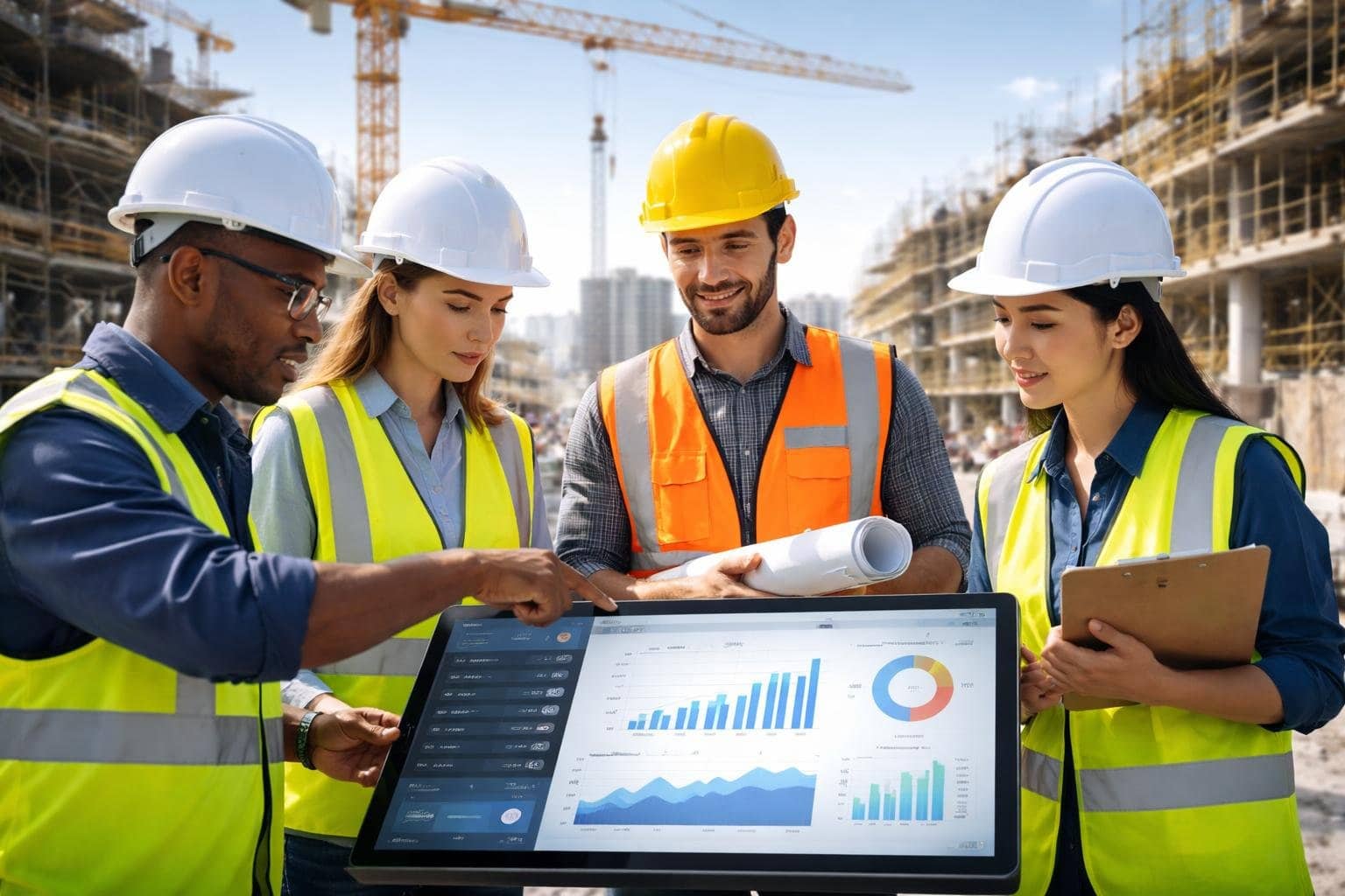 Construction workers in safety gear reviewing data on a digital tablet at an active construction site with cranes and buildings under construction in the background.