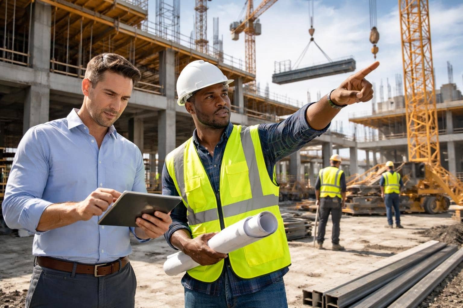 A team of construction professionals reviewing plans and coordinating work at an active construction site with machinery and workers in the background.