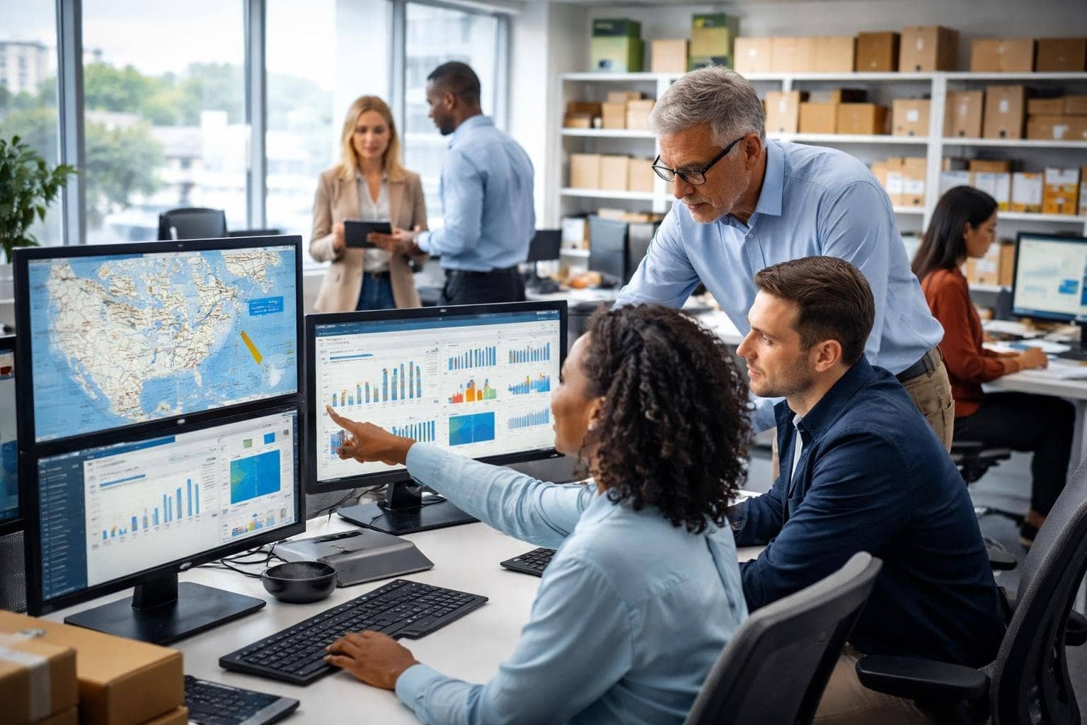 A team of professionals working together in an office with computer screens showing logistics and freight data.