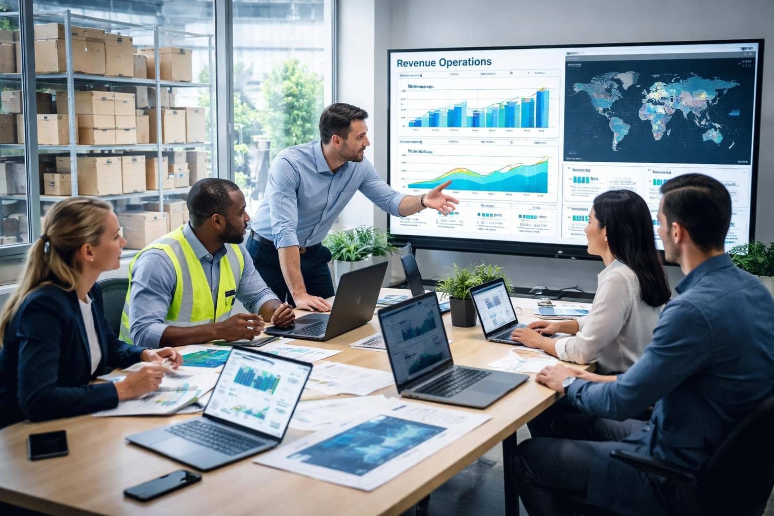 A team of professionals collaborating around a table with digital devices and data screens in a bright office focused on logistics and freight operations.