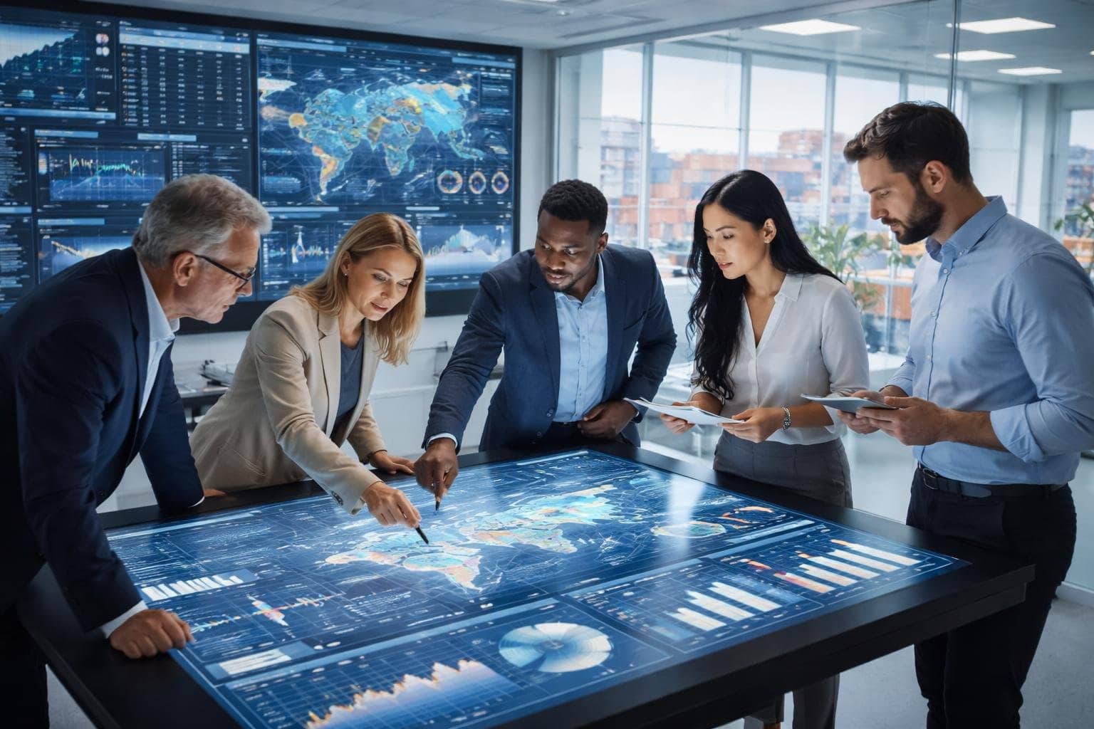 A team of professionals working together in a modern office with digital displays showing logistics and freight data.