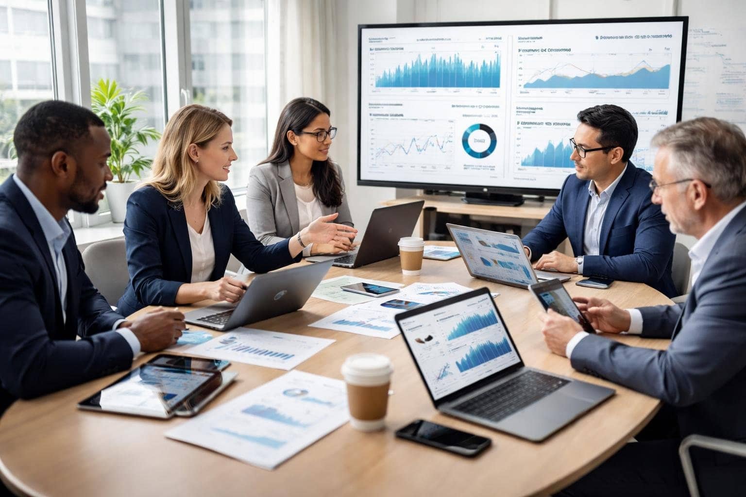 A group of business professionals collaborating around a conference table with laptops and financial charts in a bright modern office.
