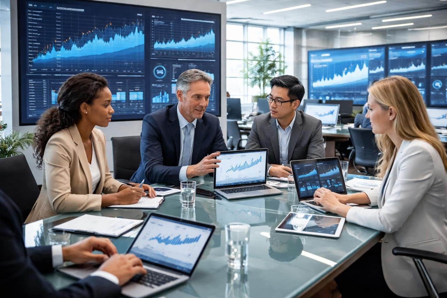 Business professionals collaborating around a table with laptops and financial charts in a modern office.
