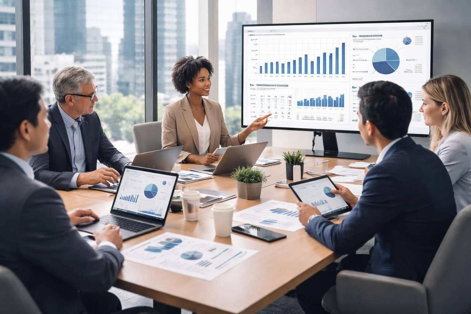A group of business professionals collaborating around a conference table with laptops and charts in a modern office.