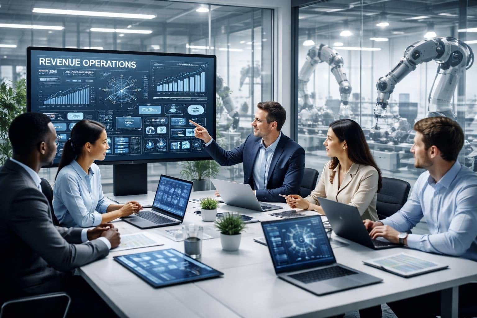 Business professionals collaborating in a modern office with digital screens and robotic machinery visible in the background.