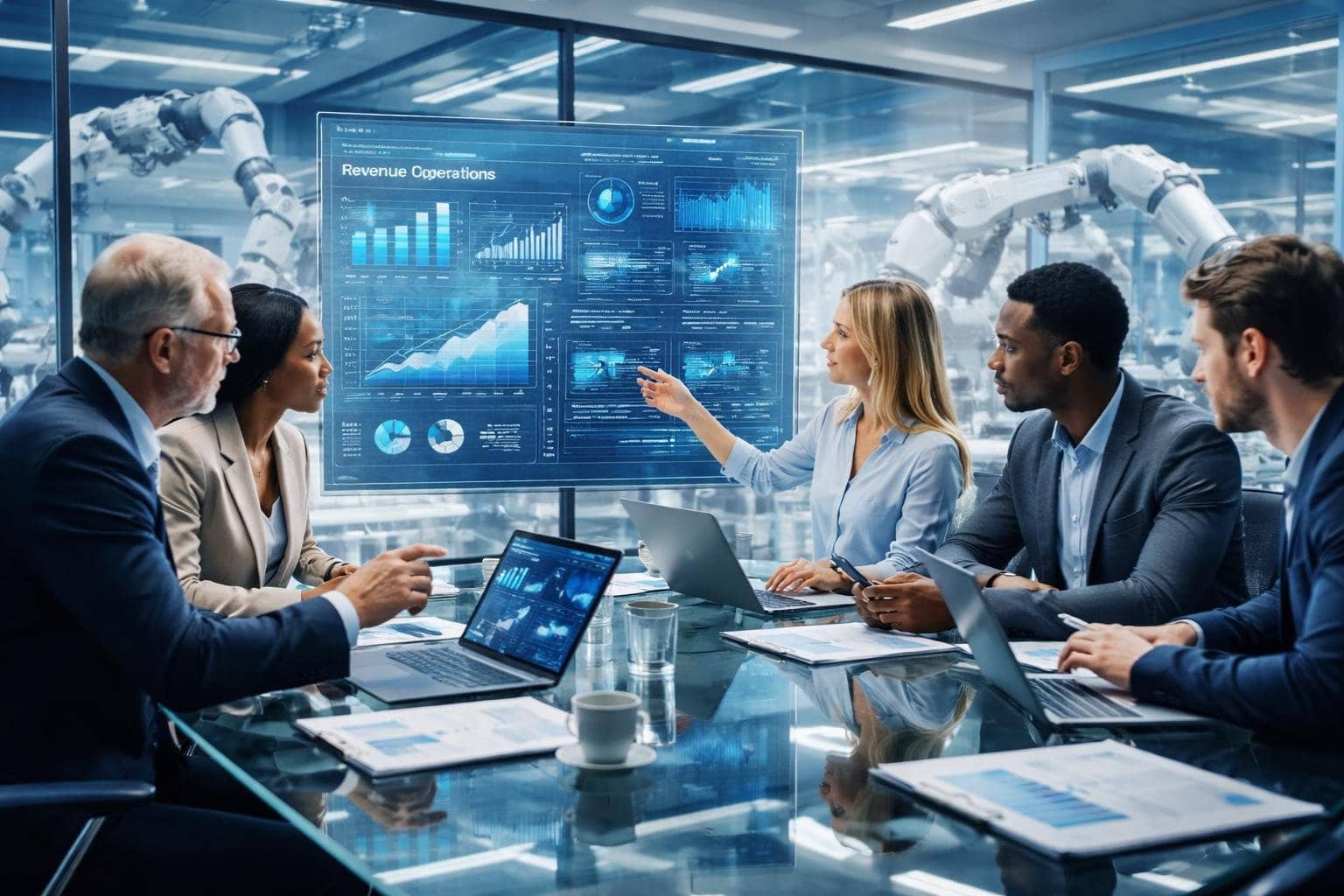 Business professionals collaborating in a modern office with robotic arms and digital data displays related to automation and revenue operations.