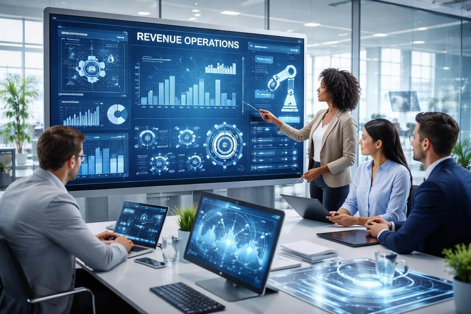 Business professionals collaborating around a digital dashboard with data and automation visuals in a modern office.