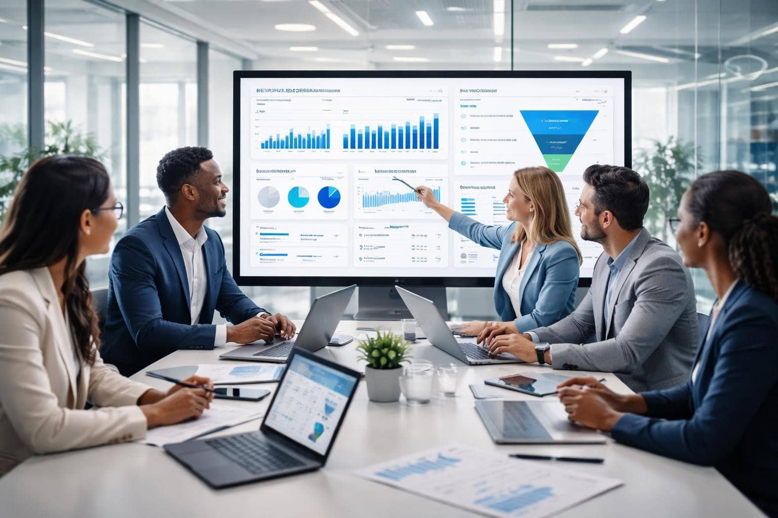 A group of business professionals collaborating around a conference table with laptops and large screens showing charts and data in a modern office.