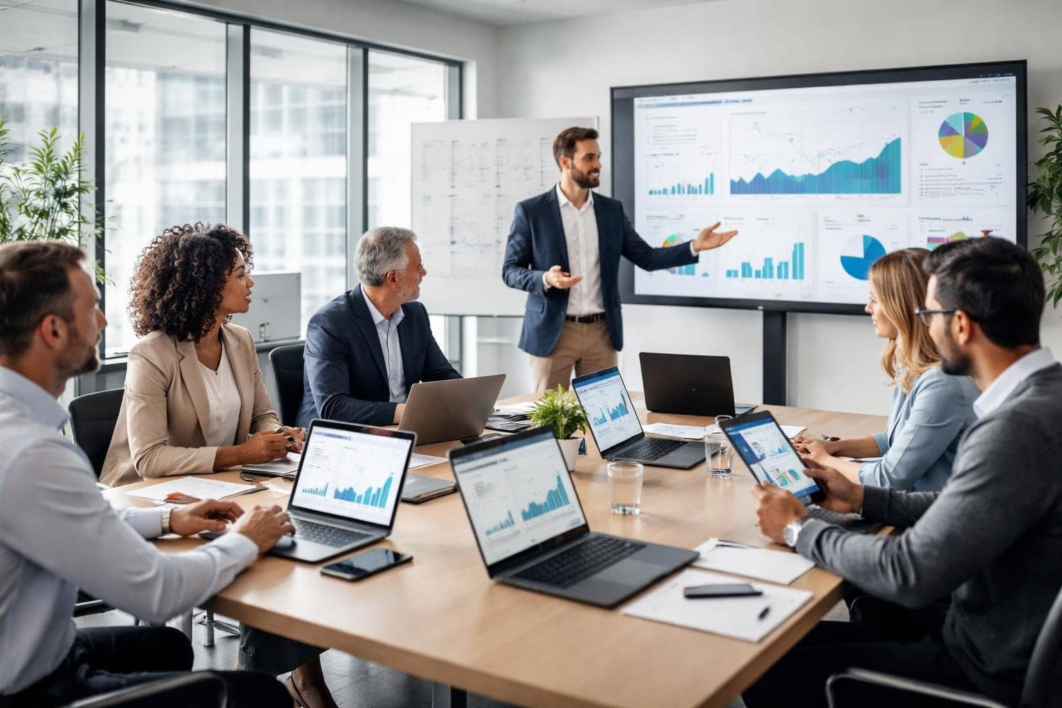 A group of business professionals collaborating around a conference table with laptops and digital charts in a modern office.
