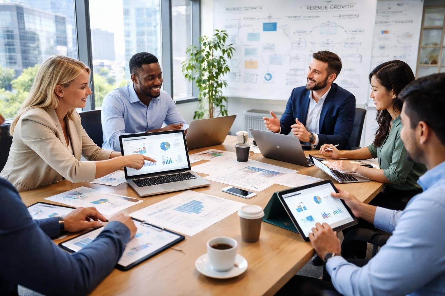 A group of business professionals collaborating around a table with laptops and charts in a modern office.